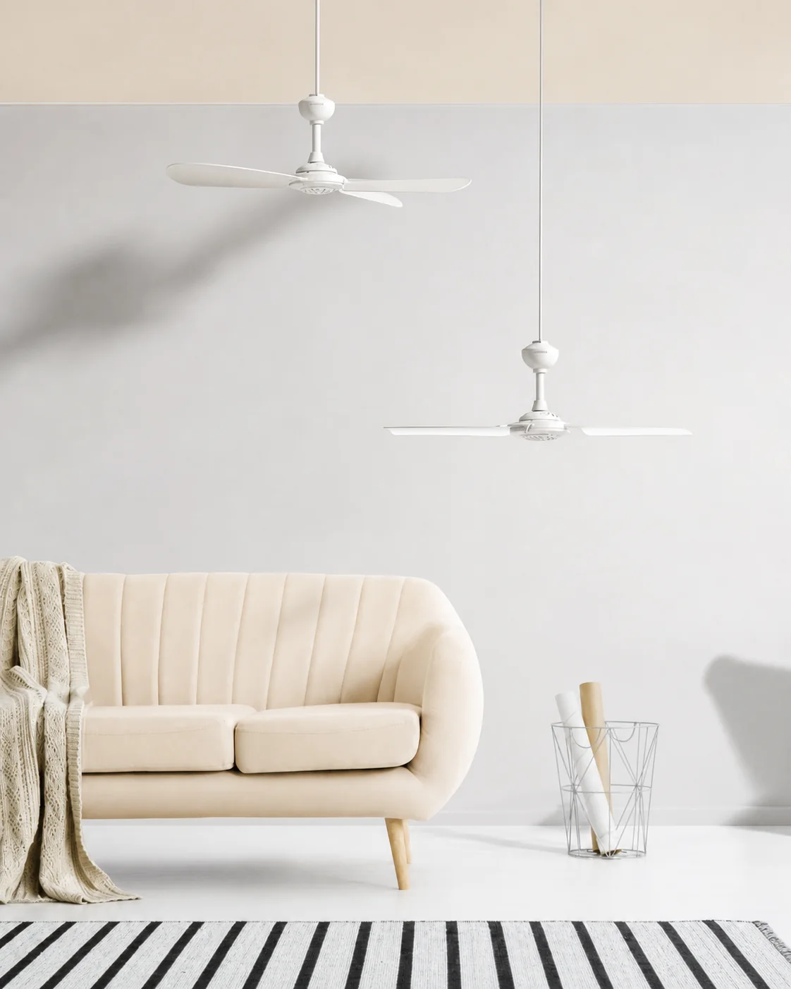 White ceiling fans in a warm modern interior
