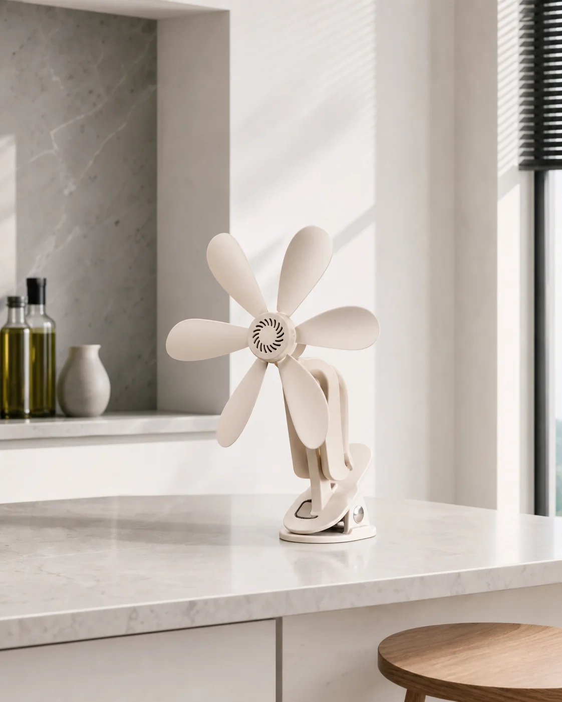 Compact pale DC fan in a refined interior setting