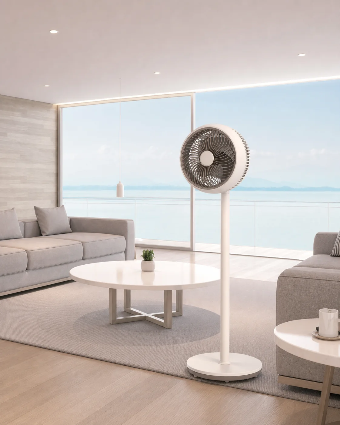 Portable pedestal circulation fan in a bright living room
