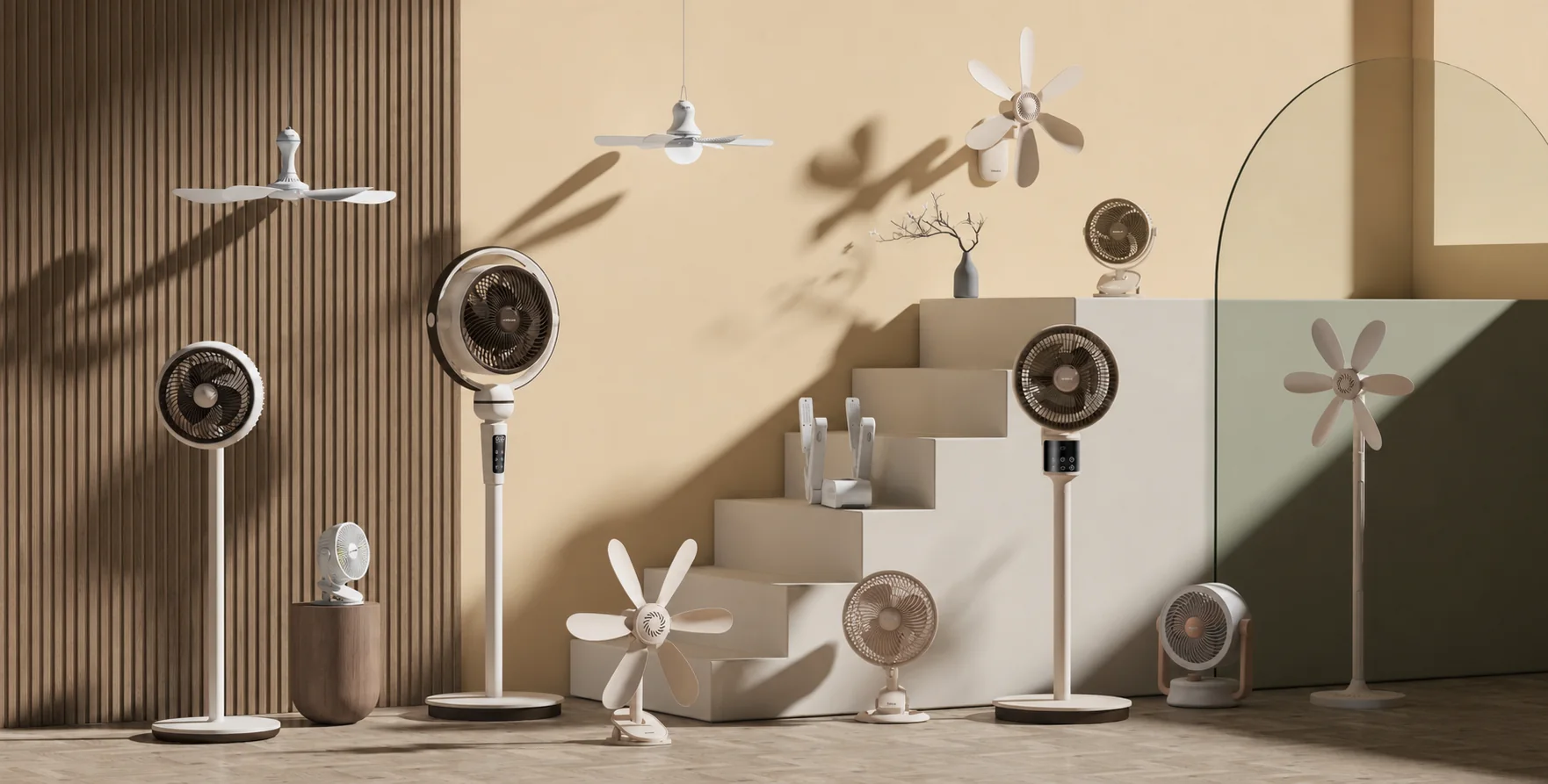TUQI fan collection presented in a warm neutral interior