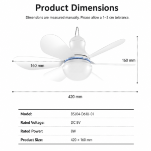 USB Ceiling Fan Light Dimensions 420 x 160 mm - TUQI Fan